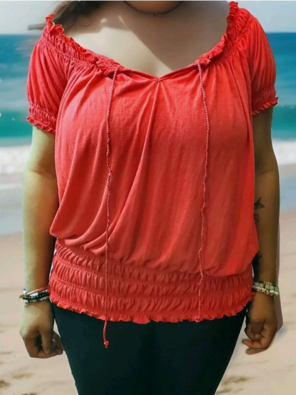 Red Boho Peasant Top 3X | Derek Hearts Stretchy Smocked Blouse